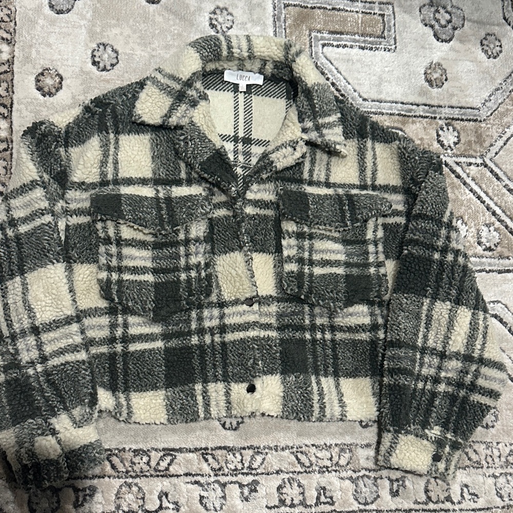 Like NEW Lucca Couture Plaid Jacket in Cream and Green Size S